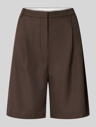 Produktfoto, Bermudas mit Bundfalten Modell 'Nika' von Neo Noir, dunkelbraune Farbe, glatte Textur, Regular Fit, Gesäßtaschen, leicht glänzend.