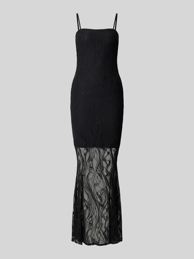Produktfoto, zwarte maxi-jurk van kant Model 'EVELYN' van GUESS, nauw aansluitend model, spaghettibandjes, ruglengte maat S 133 cm, borstwijdte maat S 34 cm