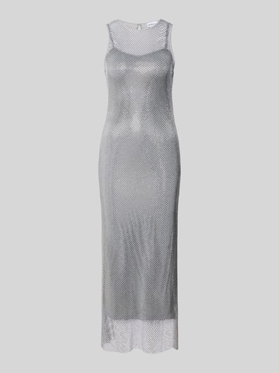Produktfoto, Sukienka midi z elastycznej mieszanki materiałów, krój regular fit, model 'Limone' z obszyciem z kamieni stras na całej powierzchni od Marella, półprzezroczysty materiał, halka, okrągły dekolt, szara, długość tyłu 138 cm, szerokość klatki piersiowej 36 cm.