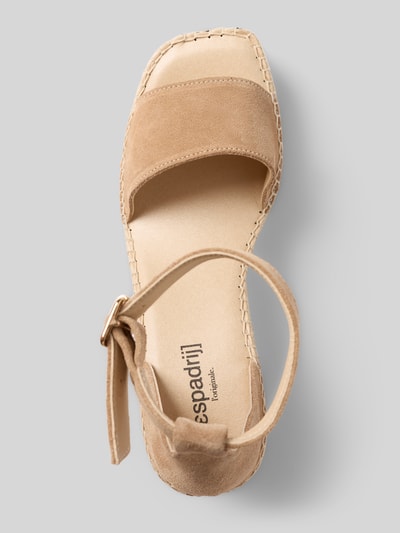 Produktfoto, Sandalette mit Keilabsatz Modell 'DIJON' von Espadrij in Beige, Abgerundete-Spitze, Riemen mit Dornschließe, Sandalen-Form, Absatzhöhe: 10 cm, Schafthöhe: 12 cm, Schaftweite: 9 cm, glatte Textur, natürliche Farbtöne
