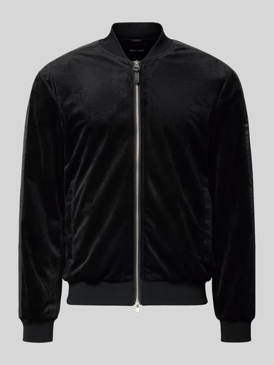 Produktfoto, Sweatjacke mit gerippten Abschlüssen von Antony Morato in Schwarz, Relaxed-Fit, Stehkragen, Reißverschluss, Eingrifftaschen, Rückenlänge 65 cm, Ärmellänge 64 cm.