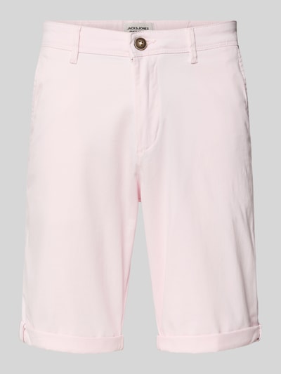 Produktfoto, Straight Fit Shorts mit Eingrifftaschen Modell 'Bowie' von Jack & Jones in zartem Rosa, Baumwoll-Mix, sichtbarer Knopfverschluss, klare Linien, Hosenschlitz mit Reißverschluss, abgesteppte Kanten, klassische Länge, Eingriff- und Gesäßtaschen, elastischer Bund, geeignet für Freizeit-Looks.