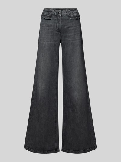 Produktfoto, Wide Fit Jeans mit Gesäßtaschen von Luisa Cerano z elastycznej bawełnianej mieszanki, szerokość w rozmiarze 36: 40 cm, długość nogawki wewnętrznej w rozmiarze 36: 86 cm, kieszenie z patkami, zapięcie na guzik i zamek, kolor ciemnoszary, faktura denim