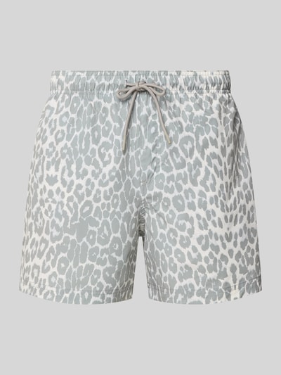 Produktfoto, Regular Fit Badeshorts mit Allover-Animal-Print Modell 'Maui' von Jack & Jones, elastischer Bund mit Tunnelzug, hellgrau-weiß