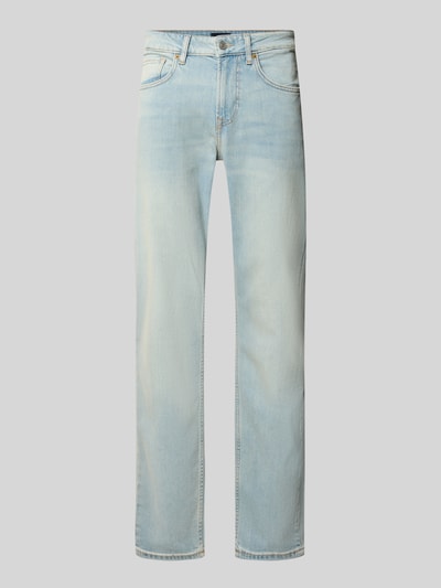 Produktfoto, Regular Fit Straight Jeans aus Baumwoll-Lyocell-Mix Modell 'CASH' von Pepe Jeans in hellem Denim mit 5-Pocket-Design, mittelhoher Bund, Label-Patch, sichtbare Twill-Textur, Knopf- und Reißverschluss, Gürtelschlaufen. Context: Herren Straight Jeans.