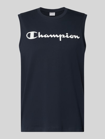 Productfoto, Top met Logo en ronde hals van CHAMPION in donkerblauw, katoenmix, regular fit, logoprint op borst, ruglengte maat M: 69 cm