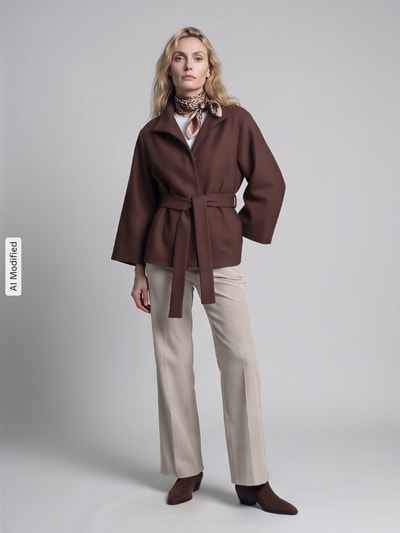 PIECES Loose fit poncho met bindceintuur model 'AIKEN' Chocoladebruin - 1
