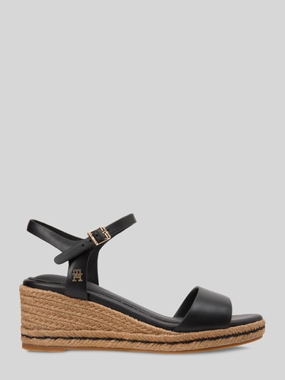 Produktfoto, Espadrilles mit Keilabsatz von Tommy Hilfiger in Schwarz, abgerundete Schuhspitze, Logo-Applikation, Material: Echtleder