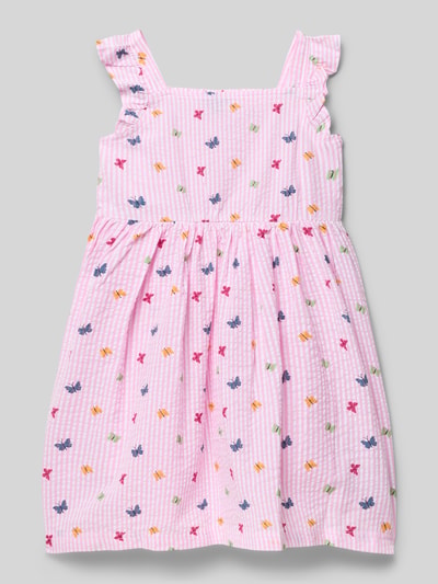 Produktfoto, Regular Fit Kleid mit Rüschenbesatz von Blue Seven, rosa-weiß kariert, bunte Blumen, reine Baumwolle, Allover-Motiv, Falten-Optik