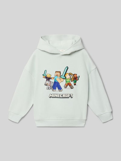 Produktfoto, Hoodie mit Kapuze von Mango in Hellblau, Motiv-Print Minecraft, lockerer Schnitt, Baumwoll-Mix, gerippte Abschlüsse