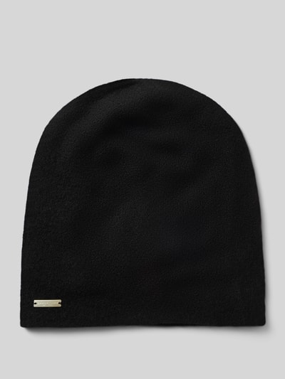 Produktfoto, Doppelt gestrickte Beanie aus reinem Kaschmir von Seeberger in Schwarz, feine Strick-Optik, Label-Detail in metallic