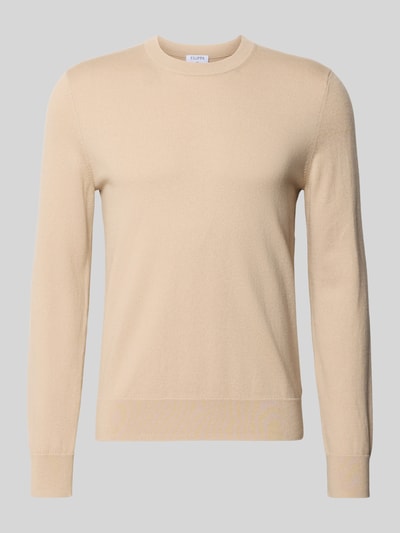 Produktfoto, Wollpullover mit gerippten Abschlüssen von Filippa K in Beige, glatte Textur, gerader Schnitt, Rundhalsausschnitt, Woll-Baumwoll-Mix