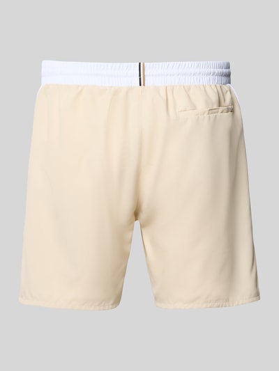 Produktfoto, beigefarbene Regular Fit Badehose mit Logo-Print Modell 'STARFISH' von BOSS, elastischer Bund, glatte Textur, Herren Badehose