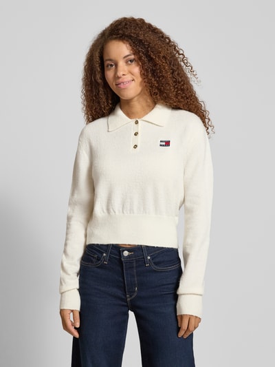 Tommy Jeans Kort gebreid poloshirt met alpacawol, model 'TJW FLUFFY POLO SWEATER' Offwhite gemêleerd - 4