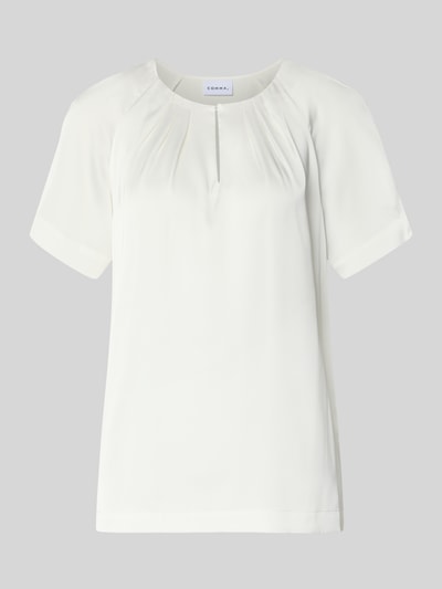 Produktfoto, Relaxed Fit Bluse mit gelegten Falten von Comma, cremefarben, Elastischer-Material-Mix mit Satin, Rundhalsausschnitt, Kurzarm-Design, Rückenlänge 60 cm, Ärmellänge 22 cm, glatte Textur