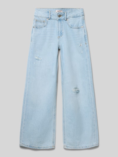 Produktfoto, jasnoniebieskie jeansy z szerokimi nogawkami Regular Fit Wide Leg Jeans aus reiner Baumwolle Modell 'KOGMOTT' od Only, efekt znoszenia, 5 kieszeni, denim, czysta bawełna, wytłaczane logo, szlufki na pasek, wewnętrzna regulacja szerokości, zapięcie na haftkę i ukryty zamek błyskawiczny