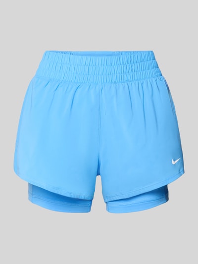 Produktfoto, Regular Fit Shorts mit Integrierten Tights von NIKE TRAINING in Hellblau mit Elastischer-Material-Mix, Elastikbund, Regular-Fit. Damen Shorts, Bundweite 37 cm, Innenbeinlänge 8 cm bei Größe S.