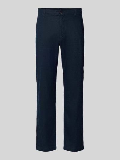 Productfoto, Regular Fit Leinenhose aus Leinen-Mix Modell 'Sanderson-L-3' van BOSS in effen donkerblauw, geweven structuur, met riemlussen, knoop- en ritsgulp, label patch, achterzakken en steekzakken, linnenmix