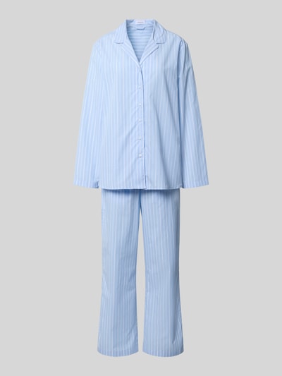 Produktfoto, Comfort Fit Pyjama Set aus reiner Baumwolle Modell 'Classic Long Pyjama Set C' von Seidensticker im Damenbereich, hellblau mit weißen Streifen, glatte Textur