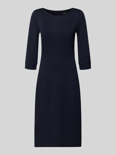 Productfoto, Tailliertes Freizeitkleid aus Viskose-Mix van s.Oliver BLACK LABEL, effen donkerblauw, getailleerde fit, knielang, ronde hals, korte ritssluiting, logo applicatie, 3/4-mouw, rechte zoom, zij-ingesteekte zakken, viscose-mix materiaal