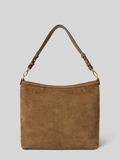 Produktfoto, Crossbody Bag aus echtem Leder mit Logo-Detail von Abro in Braun, rechteckige Form, samtige Textur, Hauptfach mit Reißverschluss, abnehmbarer Schulterriemen, Innenfach mit Reißverschluss, Maße 37x32x14 cm, Schulterriemen 66 cm