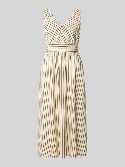 Produktfoto, Midikleid aus Viskose-Mix mit kurzer Knopfleiste von zero in Beige mit schwarzen Längsstreifen, Taillierter Schnitt, V-Ausschnitt, Rückseite mit Reißverschluss, Rückenlänge 105 cm, Brustweite 38 cm, strukturierte Stofftextur
