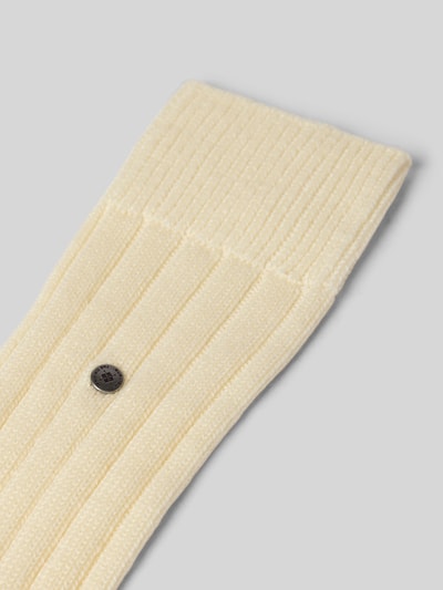 Produktfoto, Wollsocken aus Schurwoll-Mix Modell 'Dover' von Burlington, mieszanka żywej wełny, prążkowane ściągacze, detal z logo w metalicznym efekcie, napis z logo, efekt prążkowania