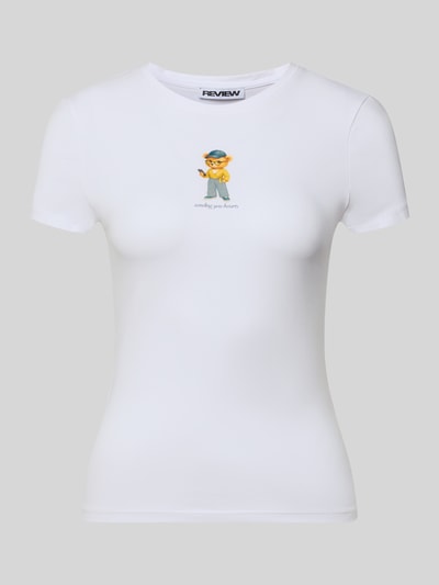 Produktfoto, białe Slim Fit T-Shirt mit Logo-Print Modell 'Sweet' von Review z elastycznej bawełny, krój slim fit, dekolt okrągły, długość pleców w rozmiarze S: 52 cm