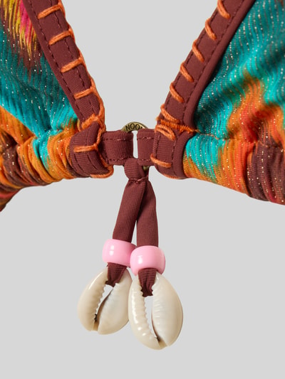 Produktfoto, Bikini-Oberteil mit Schnürverschluss Modell 'LIKO' von Banana Moon, bunt mit Muscheldetails, DuPont™-Sorona®-Fasermix, Nahaufnahme Detail