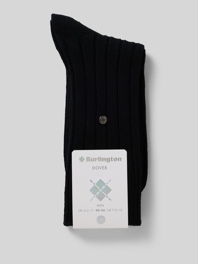 Produktfoto, Wollsocken aus Schurwoll-Mix Modell 'Dover' von Burlington, mieszanka żywej wełny, prążkowane ściągacze, efekt prążkowania, detal z logo, napis z logo, efekt metaliczny, czarne, tekstura prążków