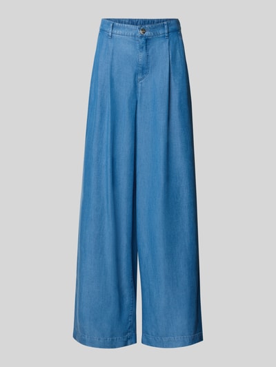 Produktfoto, Wide Fit Jeans aus reinem Lyocell mit Bundfalten von Marc Cain in mittlerem Blau mit Bundfalten, Eingrifftaschen, Paspeltaschen, teilelastischem Bund, Knopf- und Reißverschluss, Bundweite 36 cm, Innenbeinlänge 83 cm, glatte Textur und weite Beinform