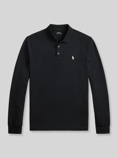 Produktfoto, schwarzer Slim Fit Pullover aus Baumwoll-Mix von Polo Ralph Lauren vor grauem Hintergrund, glatte Textur, klare Linien