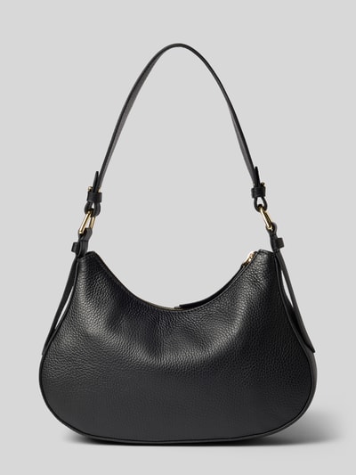 Produktfoto, schwarze Schultertasche Shoulder Bag mit Logo-Detail Modell 'Mavery' von Coccinelle, strukturierte Oberfläche, Hauptfach mit Reißverschluss, verstellbarer Schulterriemen, Maße 22x21x6 cm, Länge Schulterriemen 73 cm