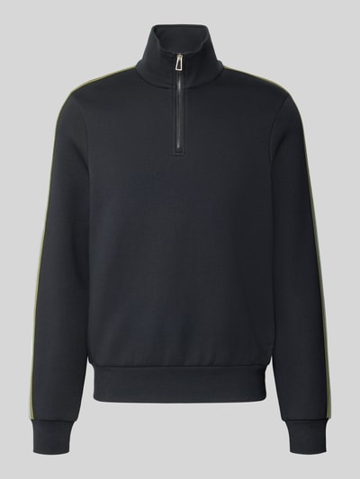 Produktfoto, Sweatshirt aus Baumwoll-Mix von Paul Smith in Dunkelblau mit Troyer-Kragen, lockerer Passform, elastischen Abschlüssen, Rückenlänge 68 cm, Ärmellänge 70 cm, dezente Zierstreifen an den Ärmeln