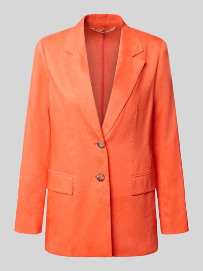 Produktfoto, Blazer aus Leinen-Mix mit Pattentaschen von Marc Cain in kräftigem Orange, glatte Oberfläche, Reverskragen, Knopfverschluss, gerade Form, zwei Pattentaschen, für Damen, Länge 70 cm, Brustweite 35 cm, Ärmellänge 62 cm.