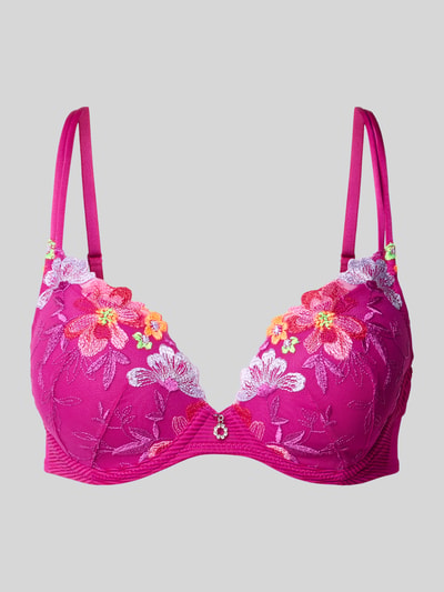 Produktfoto, Triangel-BH mit Spitze Modell 'ODILLY' von Marie Jo in Pink mit farbig bestickten Blüten, Anhänger mit Strassstein, Rückansicht. Material-Mix mit Stretch-Anteil, wattierte Cups, verstellbare Spaghettiträger, Hakenverschluss.