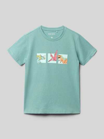 Produktfoto, dziecięcy t-shirt Regular Fit T-Shirt mit Allover-Motiv-Print von Blue Seven z bawełny, krój regular fit, nadruk z motywem na całej powierzchni, okrągły dekolt, długość tyłu w rozmiarze 116: 47 cm, kolor miętowy, prosty fason, gładka tekstura