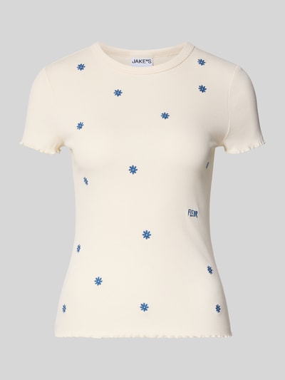 Produktfoto, T-Shirt in Ripp-Optik mit Stitchings von Jake*s Casual, damski t-shirt, mieszanka bawełny (bio) i elastanu, krój slim fit, efekt prążkowania, hafty, długość tyłu w rozmiarze S: 55 cm, kolor ecru z niebieskimi detalami