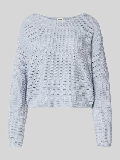 Produktfoto, Pullover mit overslag schouders model 'IMENIA' van Drykorn, lichtblauw katoenen trui met los fit, opengewerkt patroon, ronde hals.