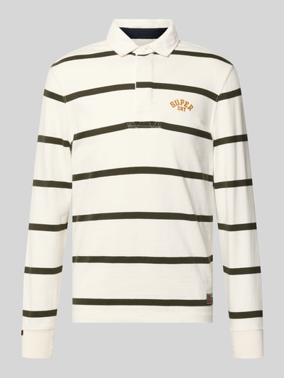 Produktfoto, Regular Fit Poloshirt mit Logo-Stitching von Superdry aus Reine Baumwolle, cremeweiß mit olivgrünen Querstreifen, Polokragen, kurze Knopfleiste, Label-Details, Rückenlänge bei Größe M 71 cm.