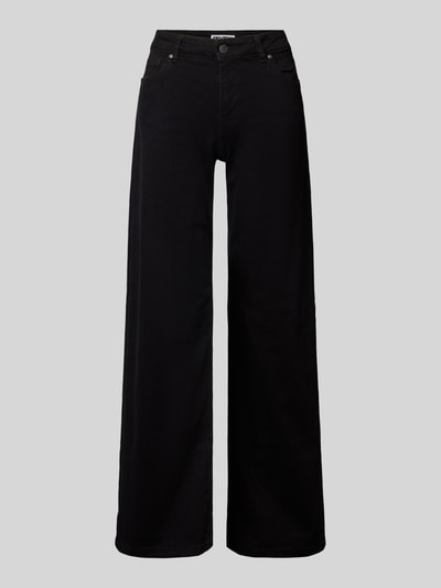 Produktfoto, Wide-Leg-Jeans mit mittelhohem Bund in schwarz von REVIEW, mieszanka bawełny, z dodatkiem streczu, luźny krój, średni stan, 5 kieszeni, zapięcie na guzik i zamek błyskawiczny, szerokość w rozmiarze 27: 39 cm, długość wewnętrzna nogawki: 80 cm
