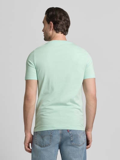 Męski model nosi Regular Fit T-Shirt aus reiner Baumwolle von s.Oliver RED LABEL, jednokolorowy, okrągły dekolt, krótki rękaw, jersey, detal z nadrukiem, widok całej sylwetki z tyłu