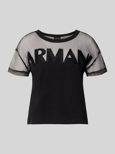 Produktfoto, Regular Fit T-Shirt mit Logo-Stitching von ARMANI EXCHANGE aus Reiner Baumwolle, semitransparentes Design, Rundhalsausschnitt, Rückenlänge 47 cm bei Größe S, schwarze Farbe, kontrastierend matte und leicht glänzende Texturen, klare Linienführung.