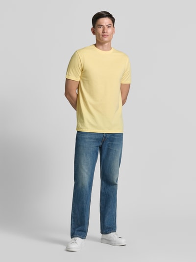 Männermodel trägt T-Shirt mit Rundhalsausschnitt und Label-Stitching von Gant in Gelb, Reine Baumwolle, Regular-Fit, Ganzkörperansicht von vorne, Herren T-Shirt, Rückenlänge bei Größe M 69 cm.