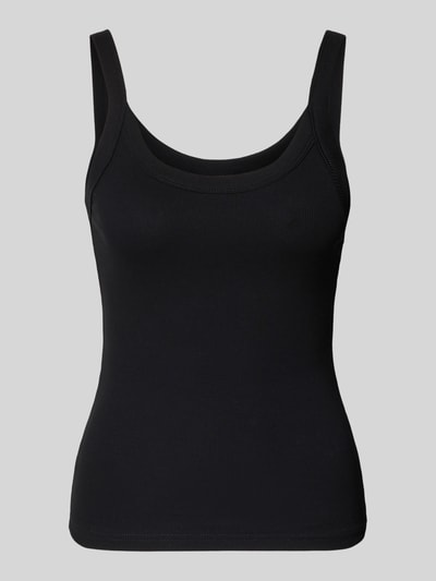Produktfoto, schwarzes Trägertop in Ripp-Optik von Gina Tricot aus Baumwoll-Elasthan-Mix, Slim Fit, Rundhalsausschnitt, neutrale Studioaufnahme