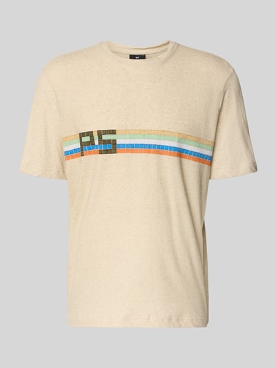 Produktfoto, Regular Fit T-Shirt mit Leinen-Anteil von PAUL SMITH im Baumwoll-Mix, beige Farbe, Logo-Print, Rundhalsausschnitt, kurze Ärmel.