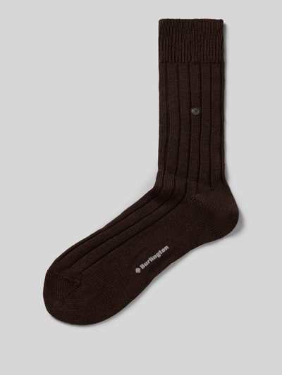 Produktfoto, Wollsocken aus Schurwoll-Mix Modell 'Dover' von Burlington, mieszanka żywej wełny, prążkowane ściągacze, Efekt prążkowania, detal z logo w efekcie metalicznym, Napis z logo, kolor brązowy