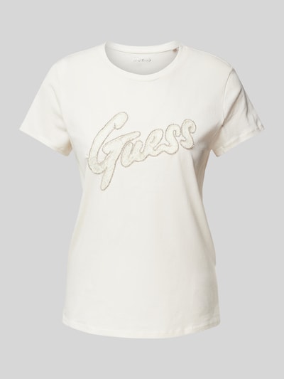 Guess T-shirt z obszyciem kamieniami stras z logo Złamany biały 2