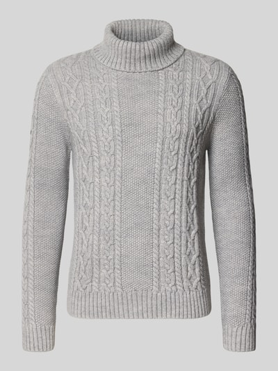 Produktfoto, Rollkragenpullover mit Zopfmuster von Superdry in Hellgrau, Material-Mix mit Leinen-Anteil, Slim Fit, strukturierte Oberfläche
