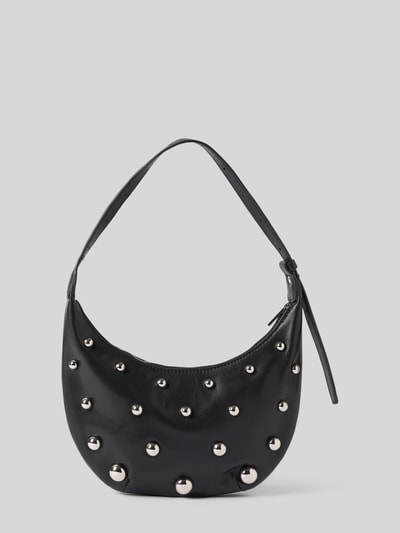 Produktfoto, Hobo Bag mit Applikationen Modell 'RYKER' von LIEBESKIND BERLIN, główna przegroda z zamkiem błyskawicznym, pasek na ramię, wytłoczone logo, Szerokość w rozmiarze 1: 27 cm, długość w rozmiarze 1: 22 cm, głębokość w rozmiarze 1: 5 cm, długość paska na ramię w rozmiarze 1: 43 cm, czarny kolor, gładka faktura, zaokrąglony kształt